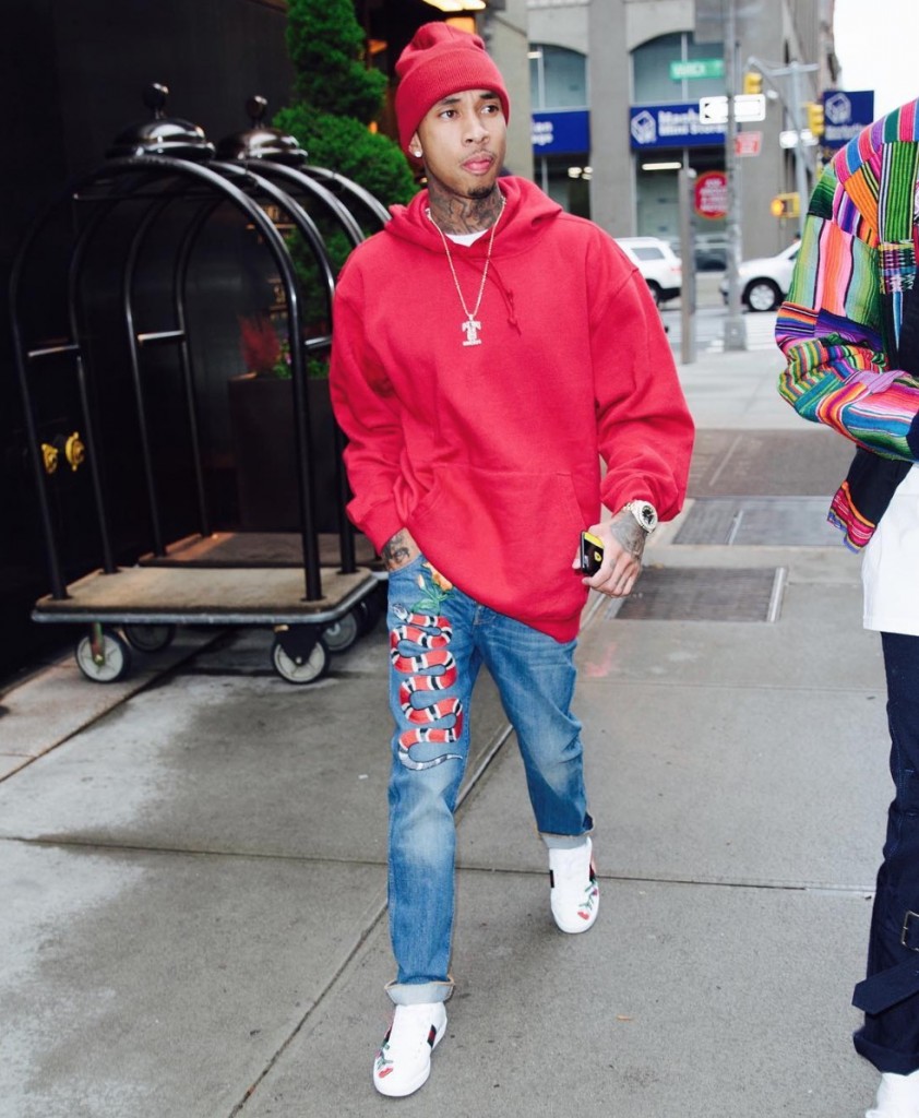 Spotted: Tyga In NYC Wearing Gucci Embroidered Jeans And Sneakers ...