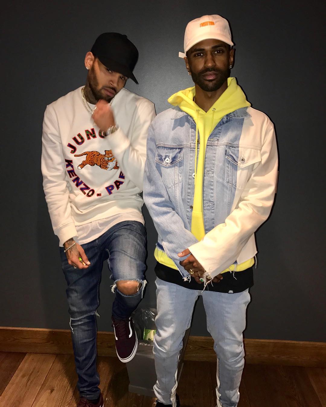 big-sean-off-white-levis-jacket-chris-brown-kenzo-hm-shirt-vans-sneakers