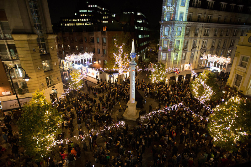 EDITORIAL USE ONLY Crowds gather in preparation for the woodland themed Seven Dials Christmas lights switch on that features 250 twinkling Christmas animals, and coincides with an exclusive traffic free festive shopping event, in London. PRESS ASSOCIATION Photo. Picture date: Thursday November 17, 2016. Designed by James Glancy Design, the Christmas light installation consists of 190 silver birch trees with sparkling LED branch lights, and inhabits a stag, polar bear, brown bear, foxes, arctic wolf, badger, squirrels, rabbits, hedgehogs, owl, robins and blue-tits. Photo credit should read: David Parry/PA Wire