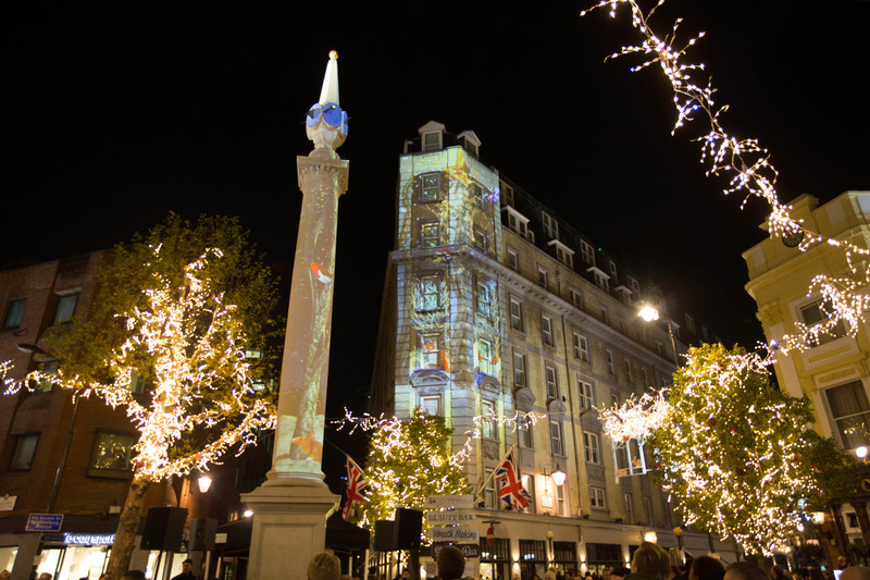 EDITORIAL USE ONLY Crowds enjoy the woodland themed Seven Dials Christmas lights switch on that features 250 twinkling Christmas animals,   and coincides with an exclusive traffic free festive shopping event, in London. PRESS ASSOCIATION Photo. Picture date: Thursday November 17, 2016. Designed by James Glancy Design, the Christmas light installation consists of 190 silver birch trees with sparkling LED branch lights, and inhabits a stag, polar bear, brown bear, foxes, arctic wolf, badger, squirrels, rabbits, hedgehogs, owl, robins and blue-tits. Photo credit should read: David Parry/PA Wire