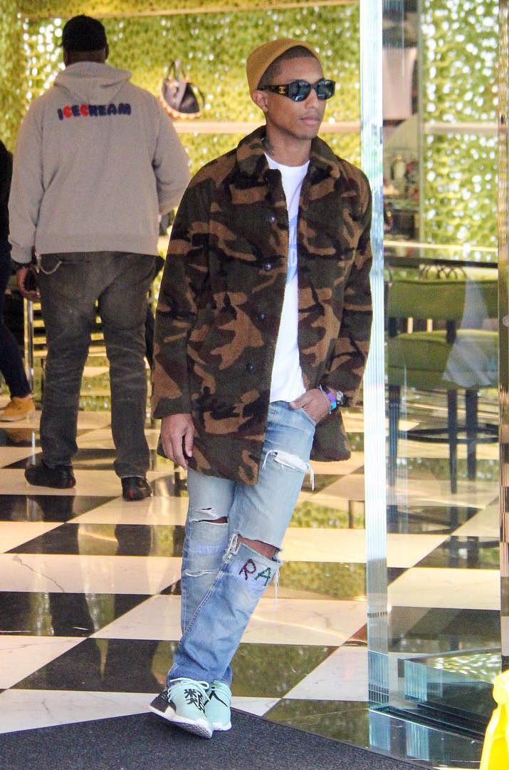 SPOTTED Pharrell Williams In Camo Coat Chanel Sunglasses And Adidas NMD s PAUSE Online Men s Fashion Street Style Fashion News Streetwear