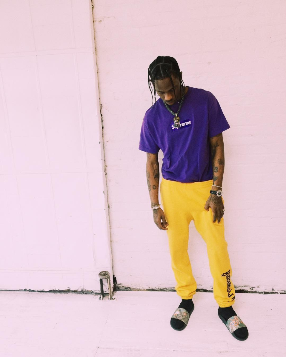 Travis Scott wearing new Louis Vuitton x Supreme box logo t shirt