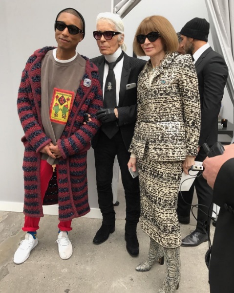 Pharrell Williams, Anna Wintour and Karl Lagerfeld attend the