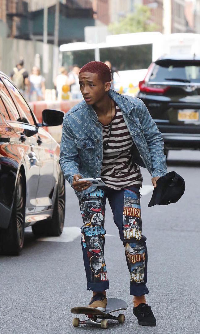 Jaden Smith Wears Mismatched Sneakers and Louis Vuitton x Supreme Jacket  While Skateboarding in New York