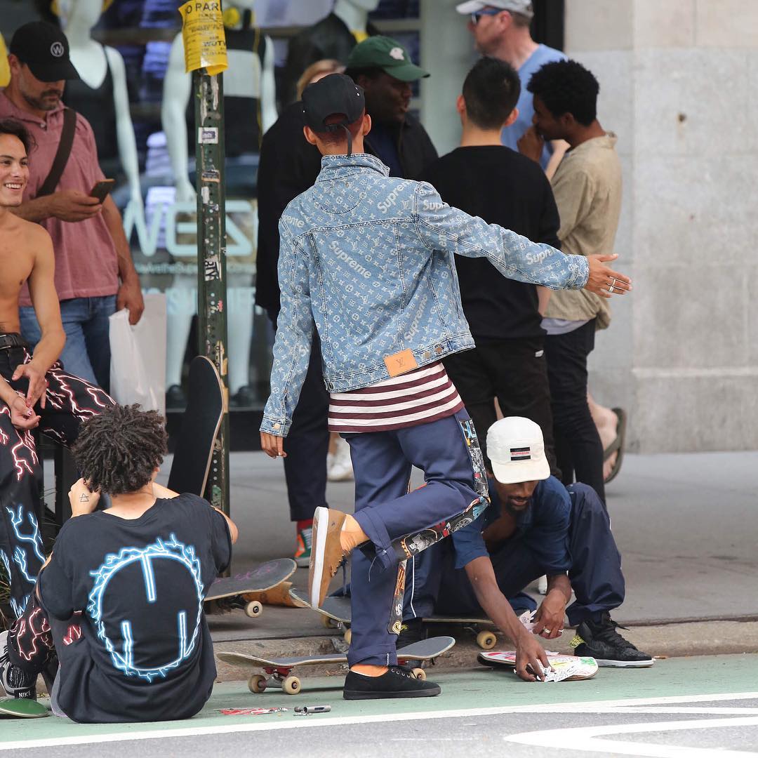 Jaden Smith Wears Mismatched Sneakers and Louis Vuitton x Supreme Jacket  While Skateboarding in New York