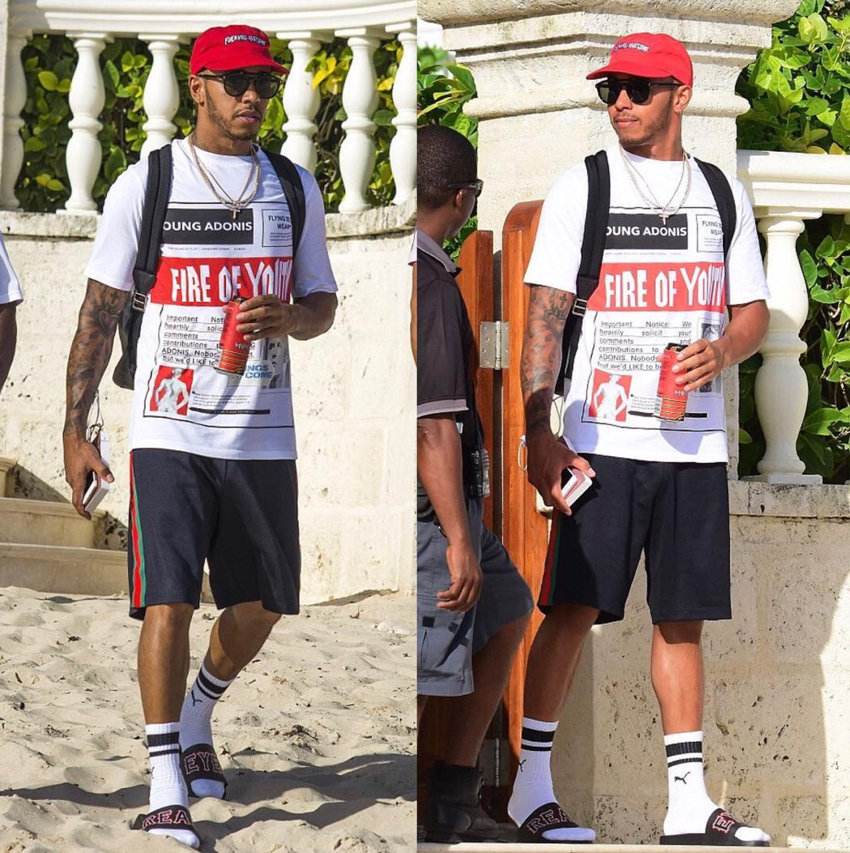 Lewis Hamilton Wears Louis Vuitton Souvenir Jacket and Sneakers at